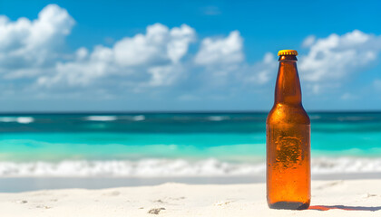 A quiet beach with one bottle sticking out of the surf