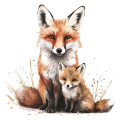 A Mother Fox With Her Kid, watercolor painting vector, high quality, isolated on a white background.