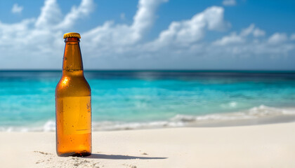 A quiet beach with one bottle sticking out of the surf