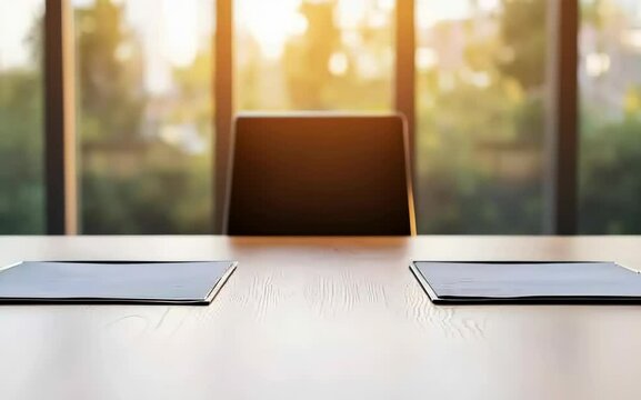A communication symbol floating above two documents on a negotiation table, the room bathed in peaceful daylight with large windows, peaceful, realistic, top view, with enough spac