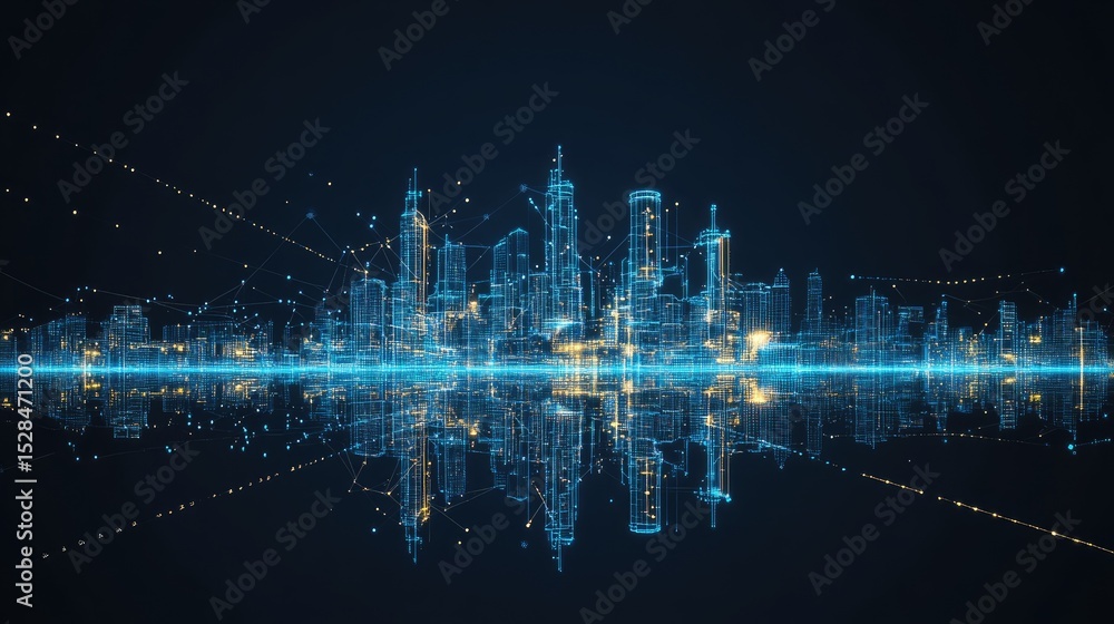 Aufkleber digital twin logo with mirrored industrial building outlines and dotted data flow between them on cl