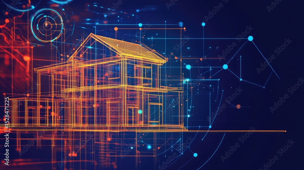 Poster digital twin logo with mirrored industrial building outlines and dotted data flow between them on cl