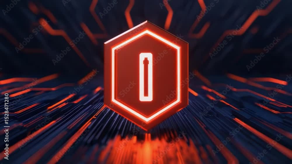 Poster futuristic neon sign with glowing red icon and dynamic light trails in dark background for modern de