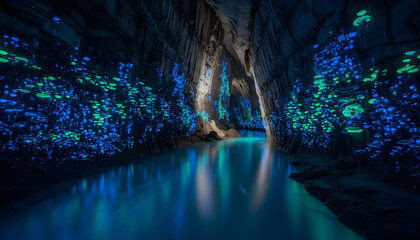 Ethereal underground cave with glowing blue-green fungi and a shimmering crystal-clear river