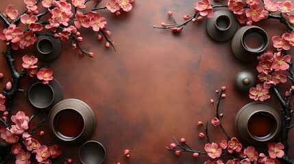 Beautifully arranged pink blossoms and tea cups on rustic background, happy Chinese Lunar new year.
