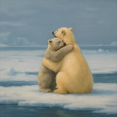 A heartwarming painting of two polar bears hugging on Arctic ice, symbolizing unconditional love in nature's harshest environment.