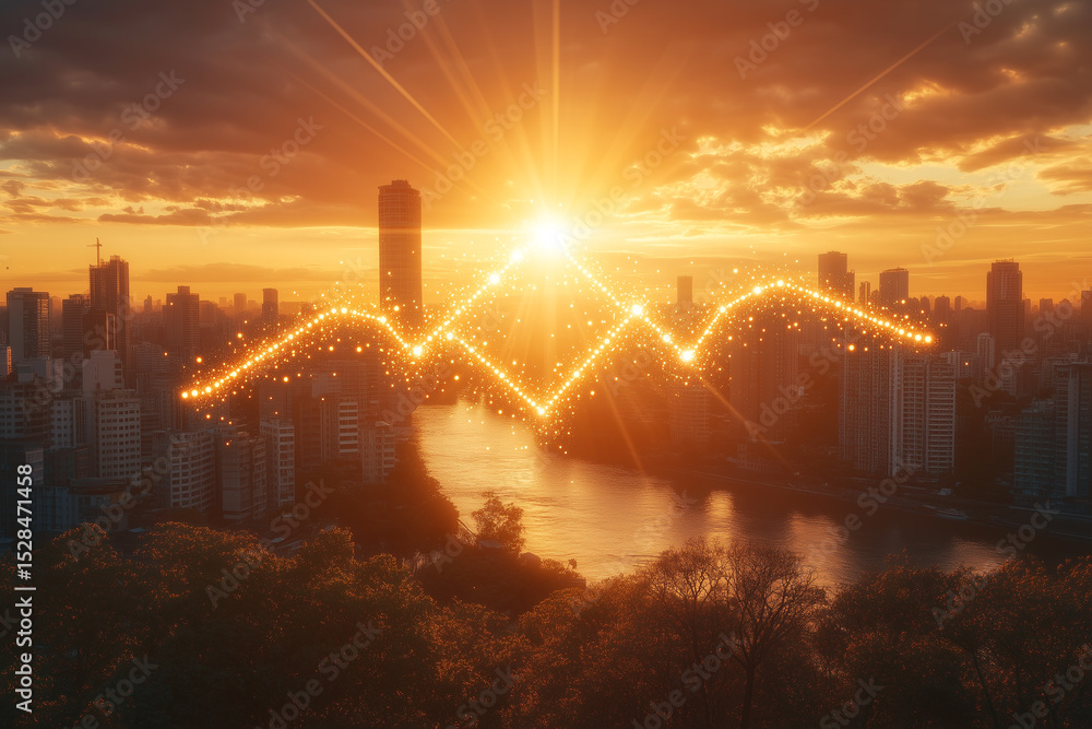Poster vibrant sunset over city with glowing wave patterns and hexagonal background
