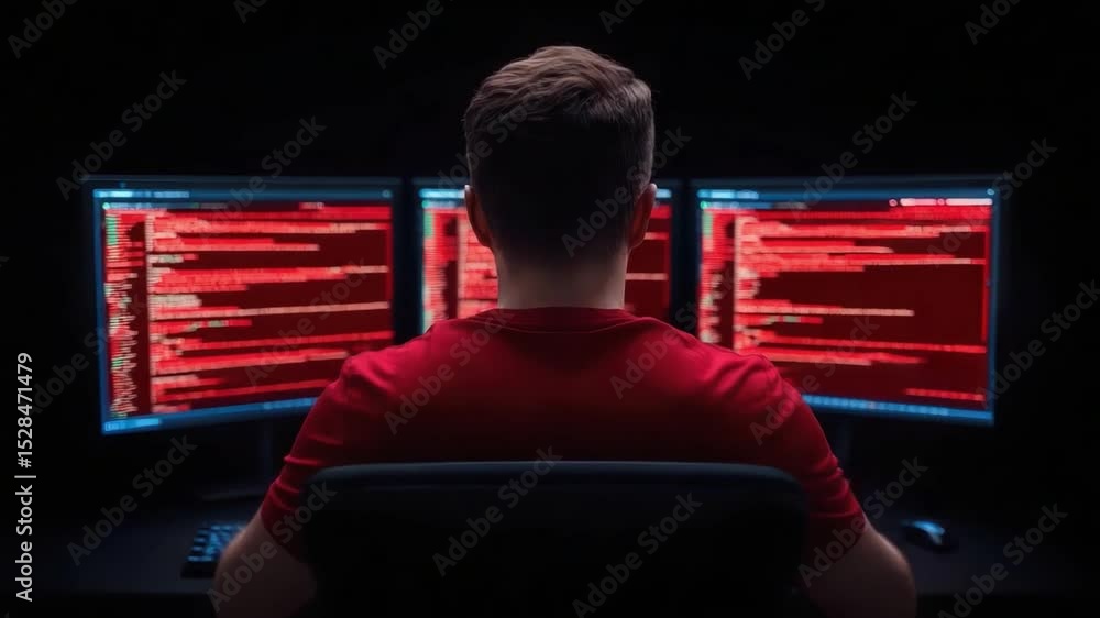 Poster person working on computer in dark room with multiple monitors displaying red code and data on scree