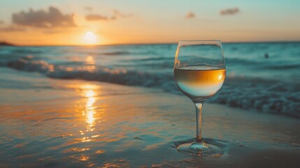 White wine glass on beach at sunset.