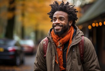 Obraz premium A joyful man strolls through an autumn park, radiating happiness against a backdrop of vibrant fall foliage, conveying a sense of peace and connection to nature.