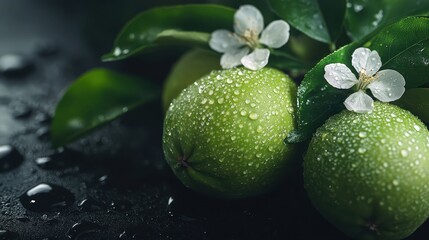 Two vibrant green apples glisten with water droplets, surrounded by delicate blossoms and leaves, symbolizing freshness and the beauty of nature in an artistic composition.