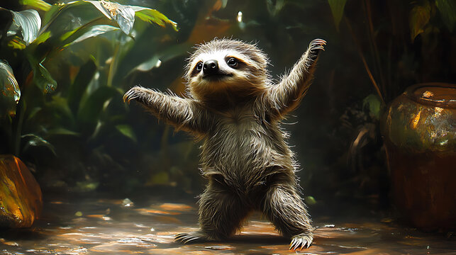 Adorable Baby Sloth Standing on Two Legs in Lush Rainforest Habitat