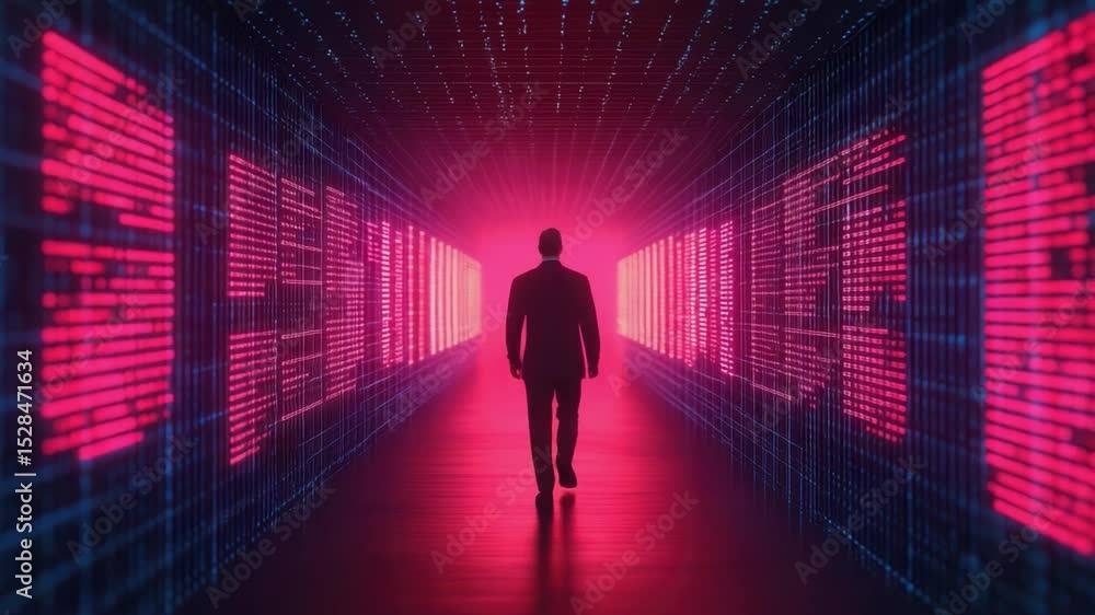 Poster futuristic corridor with glowing data streams and a silhouetted figure walking towards bright light 