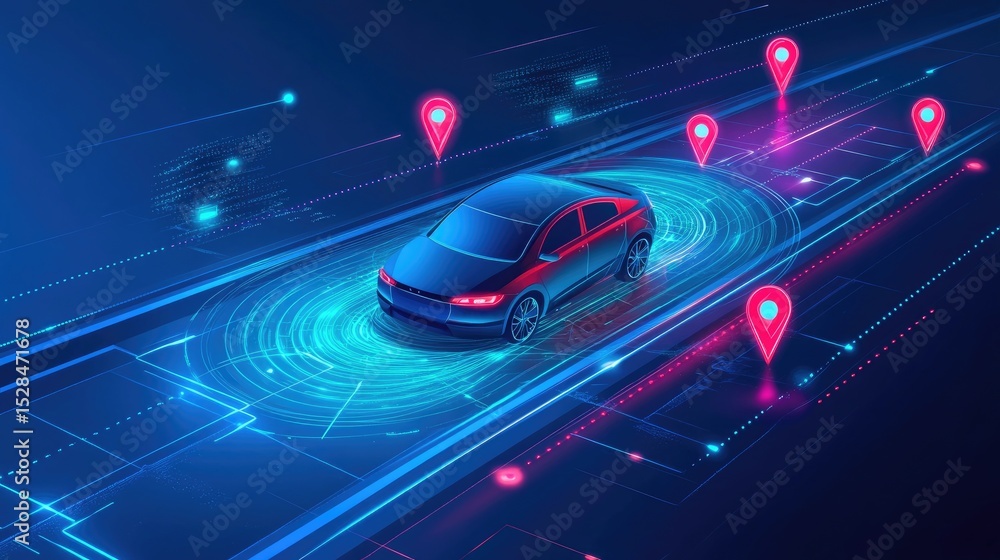 Poster flat design clipart of autonomous ev car on smart road, lidar waves and location pins visualizing se