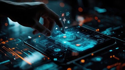 Naklejka premium Finger tapping smart device, triggering instant holographic notifications and app icons in mid-air over a tech background