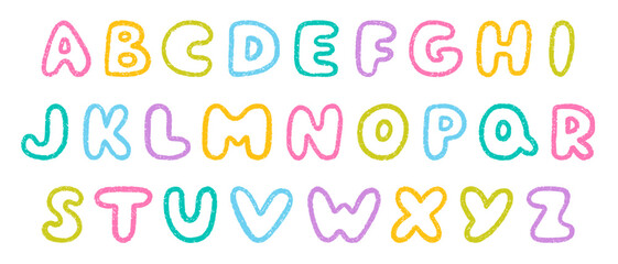 Crayon alphabet doodle set. Chalk pencil font, school wax kid letters in sketch style. Hand drawn vector illustration isolated on white background.