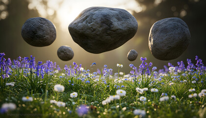 Surreal landscape featuring floating stones over a glowing meadow with misty trees and soft sunrise or sunset light