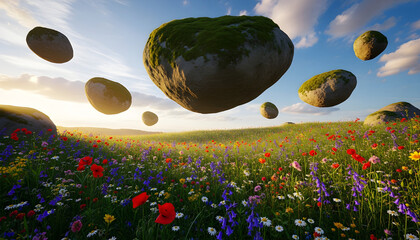 Floating stones above a surreal meadow with glowing flowers and misty morning light