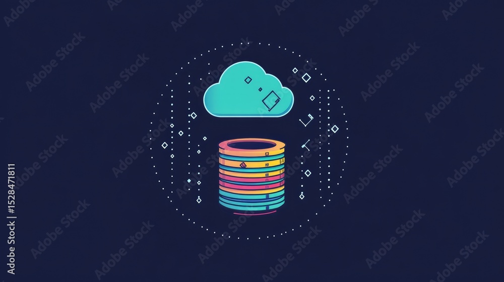 Poster flat style logo showing layered cloud, database cylinder, and code brackets, reflecting saas and bac