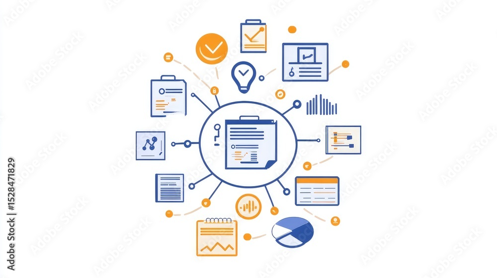 Poster flat tech logo showing flowchart elements arranged into a compact icon, symbolizing process automati