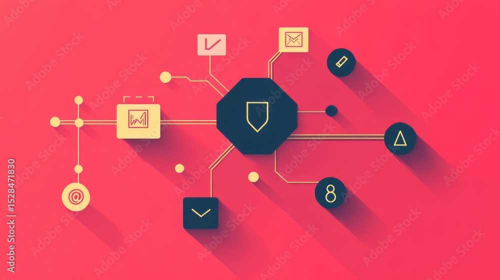 Poster flat tech logo showing flowchart elements arranged into a compact icon, symbolizing process automati