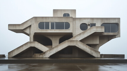 Unique modernist concrete structure with geometric shapes and large windows in a misty urban setting