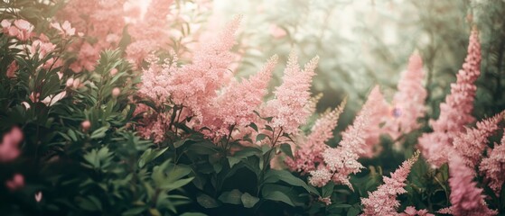A vibrant display of blooming pink Astilbe flowers in a lush garden, creating a soft, romantic backdrop of summer blooms, with green foliage and plenty of space for your message or branding