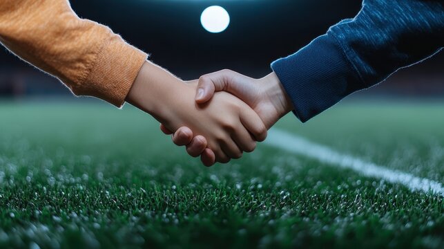 Two children are portrayed holding hands on a grassy field, signifying friendship and unity in a playful environment, creating a heartwarming and nostalgic scene.