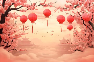 Paper lanterns and pink blossoms create a festive backdrop.