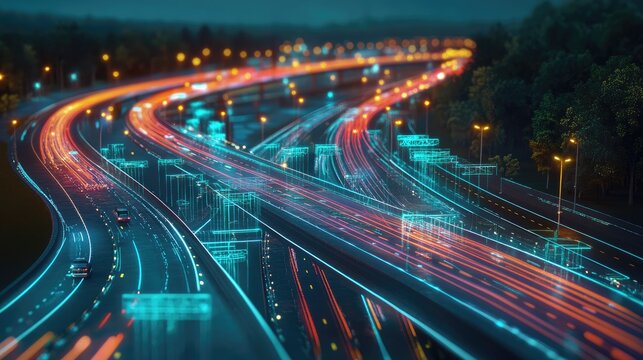 Futuristic highway interchange with electric and smart vehicle lanes highlighted