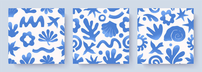 Summer tropical seamless patterns with hand drawn nature organic elements:palm,sun,coral,seashell,bird,wave.Trendy backgrounds for banners,smm,branding,textile,covers,prints.Summer vacation aesthetic