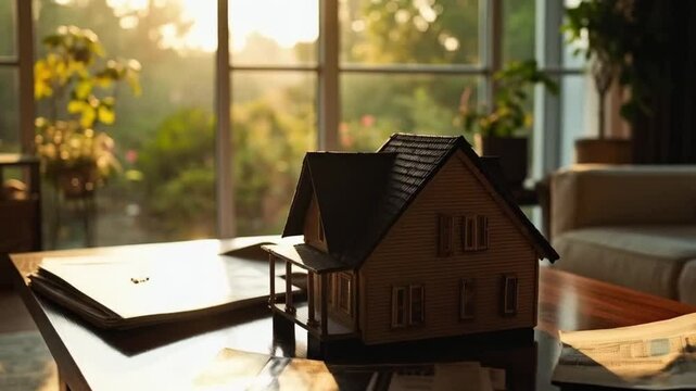 A tiny miniature house sits atop the wooden desk, its delicate details reflecting craftsmanship and charm.

