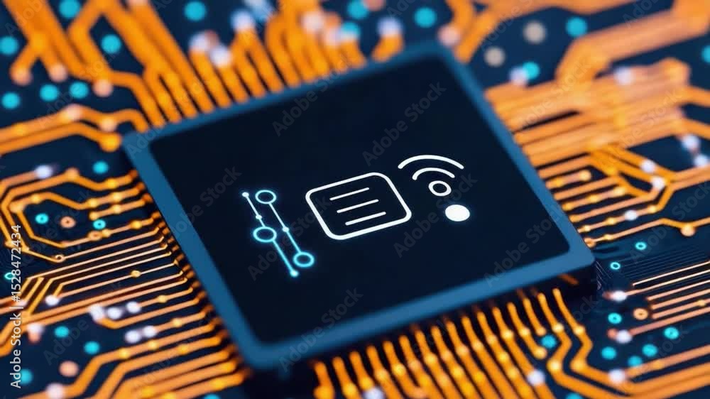 Poster close-up of a microchip with wireless connectivity icon on a vibrant circuit board, representing tec