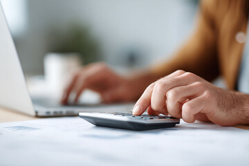 Closeup of hands using a calculator and laptop, symbolizing finance, accounting, or business tasks. Suitable for themes of productivity, investment, or analysis.