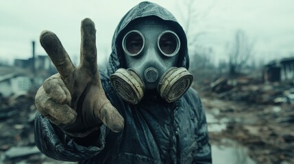 A figure in a gas mask stands in a hauntingly desolate environment, symbolizing survival and resilience in the face of adversity, encapsulating a powerful and emotional moment.