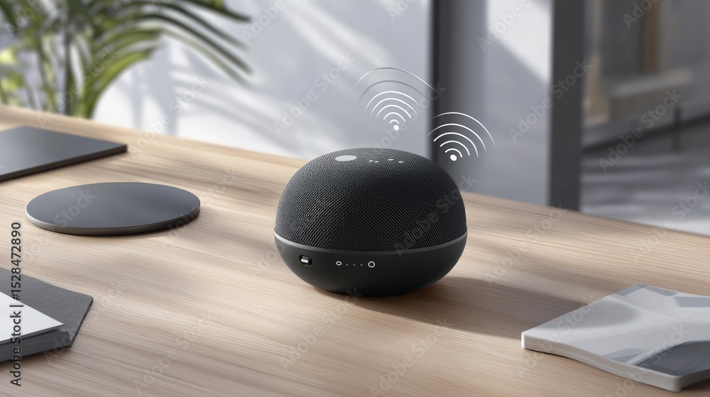 Poster instant voice assistant activation, sound waves and icons emitting from smart speaker on sleek desk 