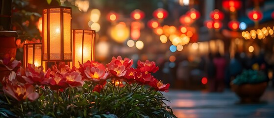 Streets glow with red lanterns for festive city celebrations.