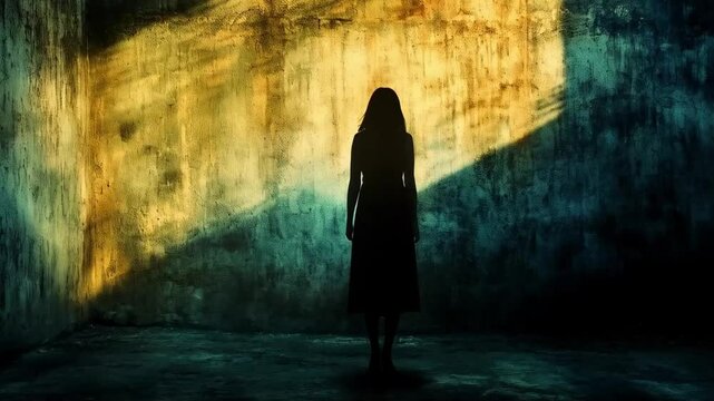 A mysterious girl&rsquo;s silhouette stands against the golden sunset, her flowing hair swaying in the breeze.

