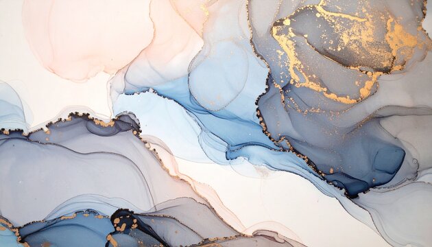 An elegant abstract fluid art background showcases a blend of soft blue, white, and peach hues with shimme gold accents, creating a dreamy and luxurious feel.