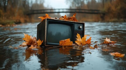 A nostalgic television set rests submerged in a river, surrounded by autumn leaves, symbolizing the forgotten inventions and the passage of time in nature.