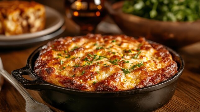 A mouth-watering image of a baked casserole resting in a rustic cast-iron pan, garnished with herbs, tempting viewers to indulge in homemade, comforting culinary delights.