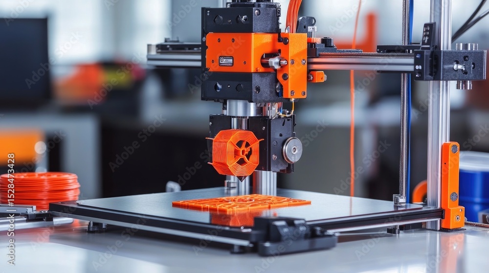 Poster modern d printer creating a mechanical component on a clean workbench, surrounded by tools and filam