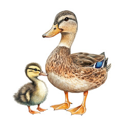 A Mother Duck With Her Kid, watercolor vector, high quality, isolated on a white background.