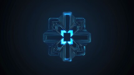 Minimalist tech logo with stylized circuit board lines forming a geometric monogram, glowing blue highlights over dark gradient background