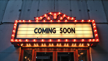 Vintage Marquee Sign with Glowing Bulbs, Coming Soon Retro Cinema Theater Light, Old Hollywood Movie Marquee, Nostalgic Film Event Signage