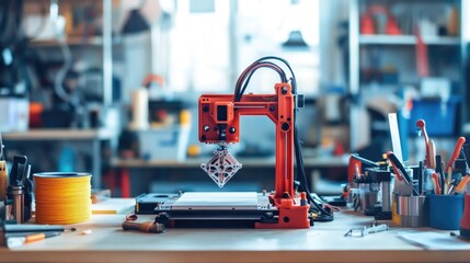 Modern D printer creating a mechanical component on a clean workbench, surrounded by tools and filament spools