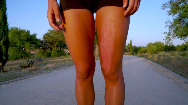 Mujer joven deportista con problemas de piel, sonr&iacute;e y lanza un beso muy simp&aacute;tica, un d&iacute;a soleado con cielo azul en el parque.