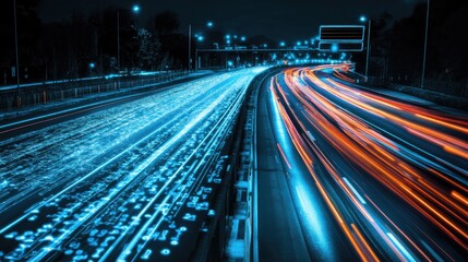 Night view of smart freeway with motion blur from electric cars and glowing data streams