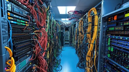 Office network room with structured cabling, patch panels, and labeled ports in a well-lit space