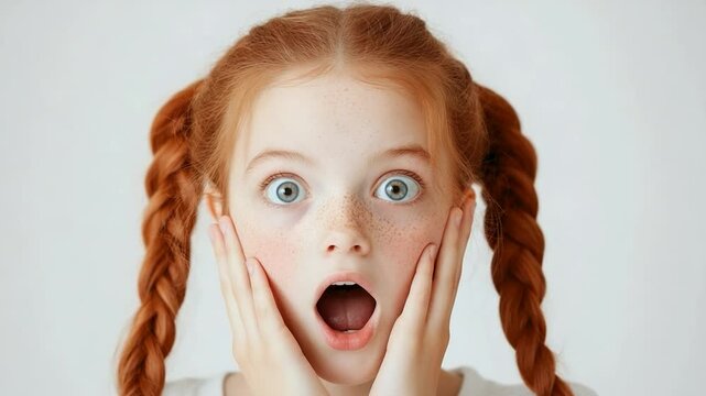 Surprised young girl with red hair expressing shock and amazement close up portrait
